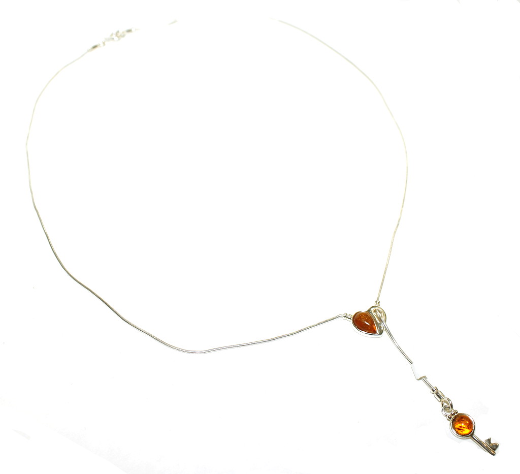 Baltic Amber Necklace cognac hearts on silver chain