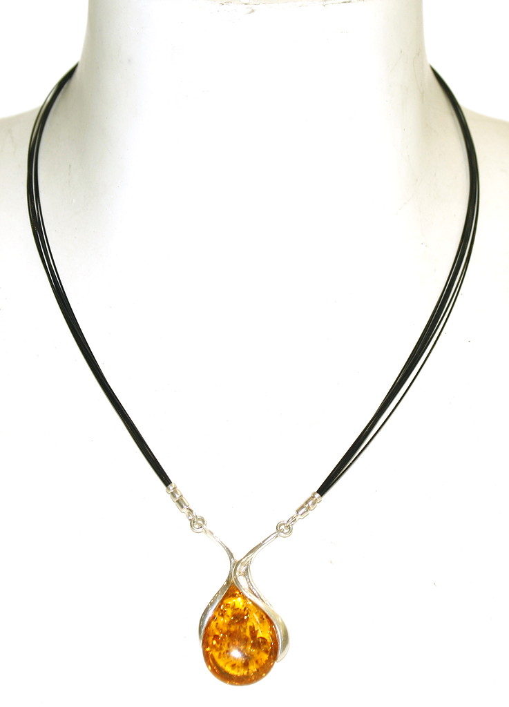 Baltic Amber Necklace cognac & silver piece on rope chain